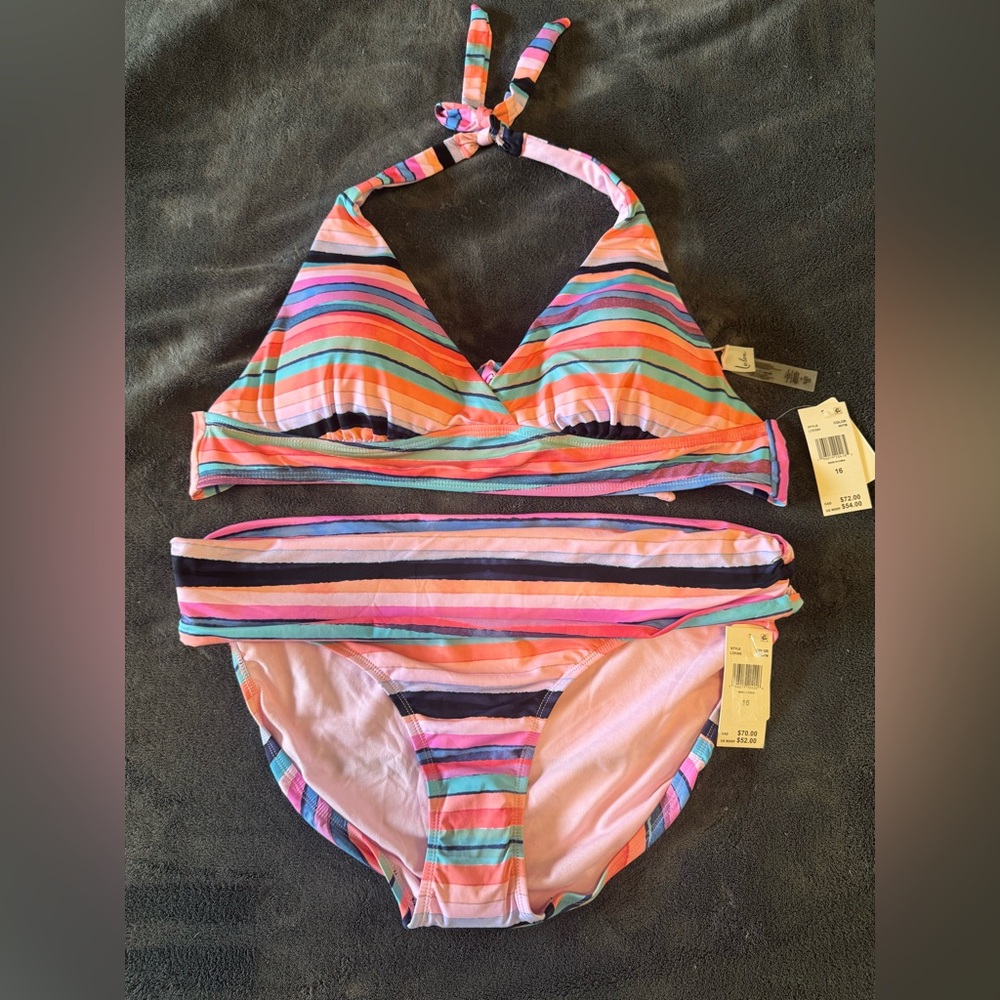 Leilani Women’s Pink and Blue Striped Bikini Swim Set Size 16